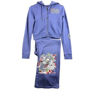 Ed Hardy Womens Periwinkle Tiger Graphic Tracksuit Set Cropped Hoodie Pants Sz M